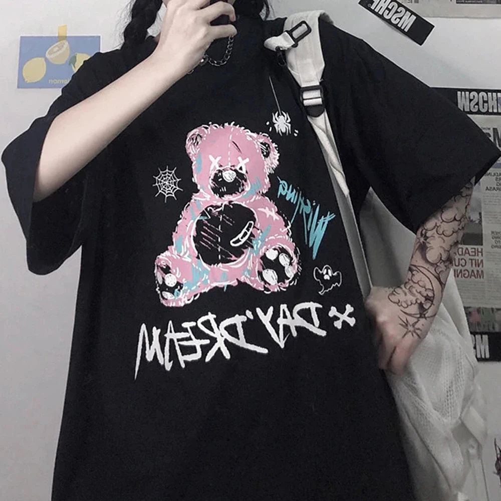 Kawaii женская футболка уличная одежда Y2k топы маленький медведь Готический принт