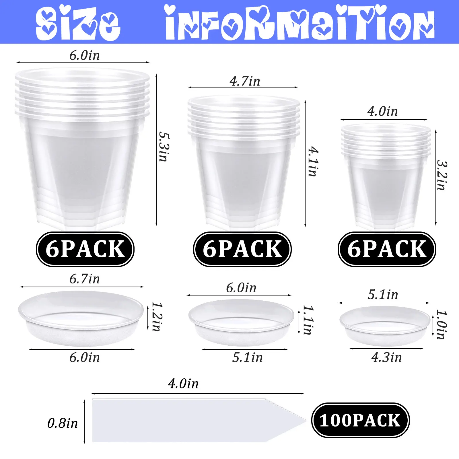 3 Sizes 18-Pack Plastic Pots Clear Pots with Tray and 100 Pcs of Plant Labels