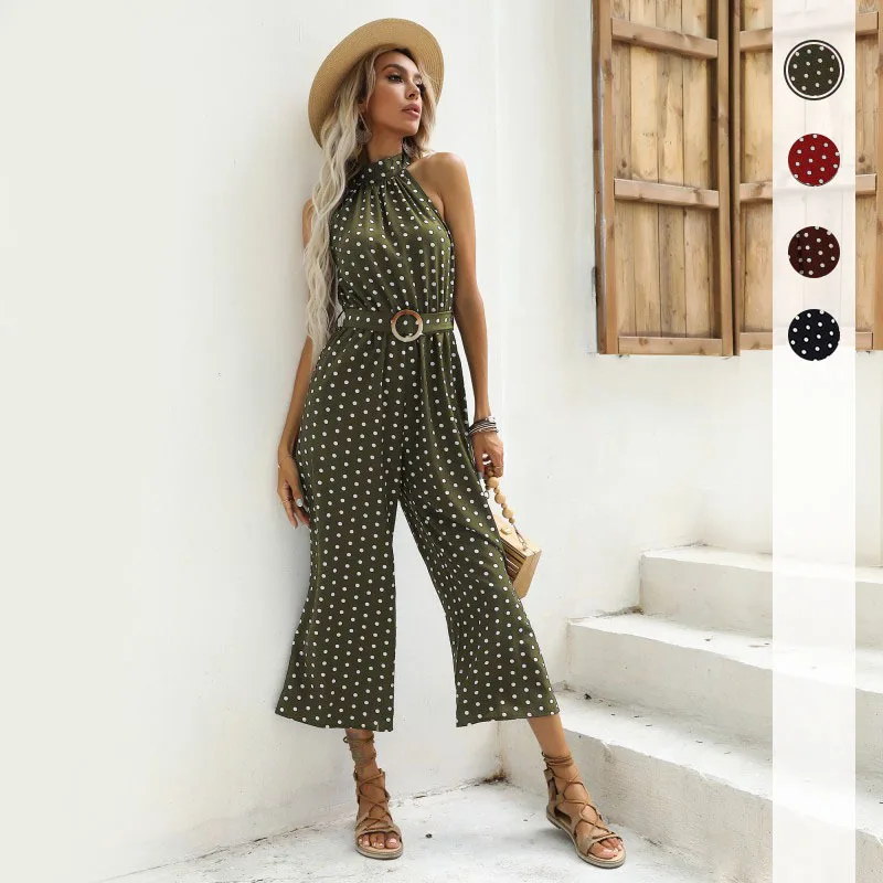 Black Sexy Polka Dot Halter Neck Jumpsuit with Belt Fashion Suspenders Wide Leg Wine Red Jumpsuits for Women 2023