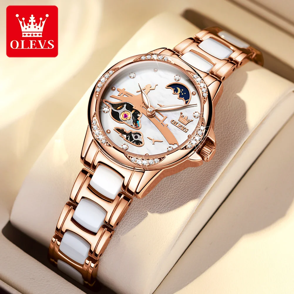 OLEVS New Luxury Watch For Women Automatic Wind Up Ceramics Strap Waterproof Mechanical Wrist Watch Gift Set relojes para mujer