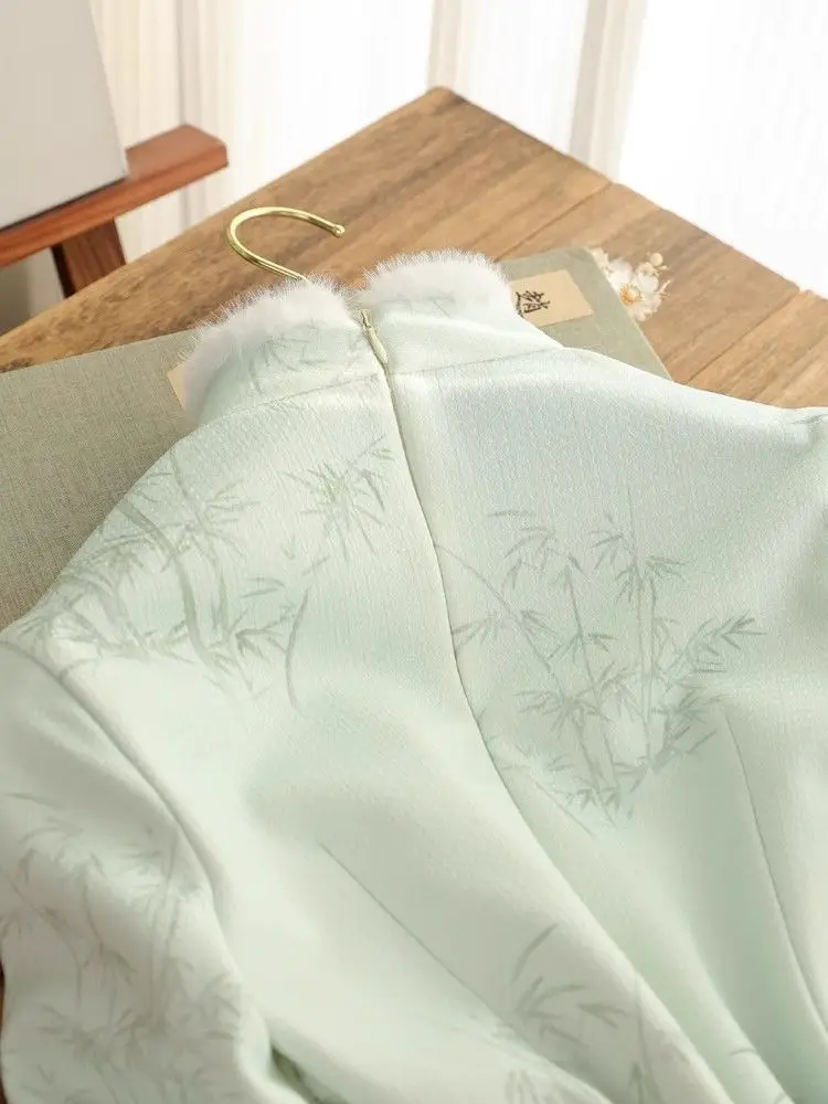 2024 зимнее плюшевое утепленное зеленое платье Cheongsam с большими рукавами новое