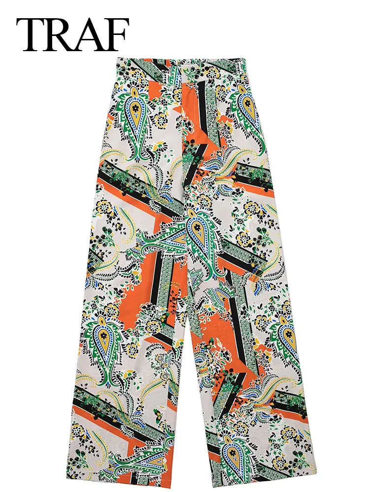 

TRAF Loose Casual Comfort Straight Lady Wide Leg Pants Lightweight Skin-Friendly High Street Print Women's Wide Leg Pants