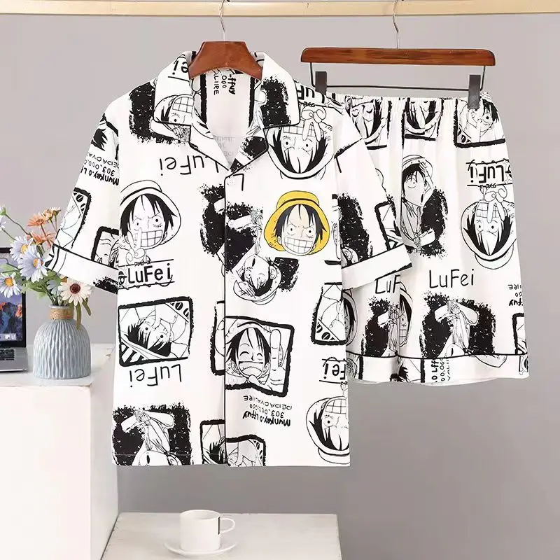 Man Large Size Pajamas Set Japanese Style Summer Thin Pyjama Anime Cartoon Mouse Bear Cute Sleepwear Room Suit for Young Men Ins