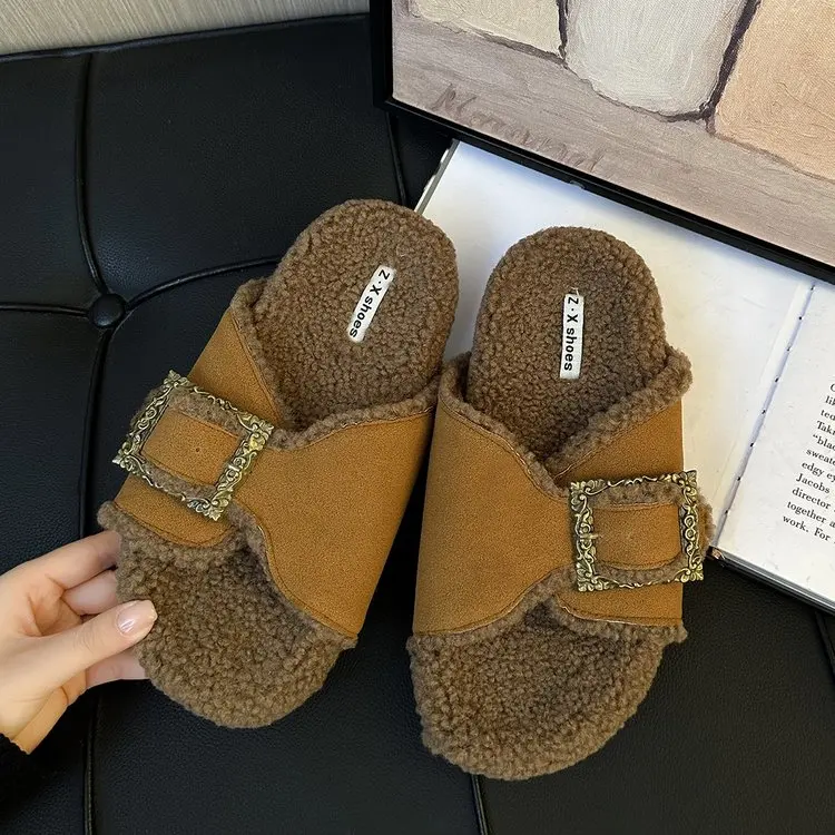 

Lamb's Wool Women's Slippers Brown Thick Bottom Belt Buckle Fur Birken Shoes Autumn Winter Fashion Beige Women Cotton Slippers