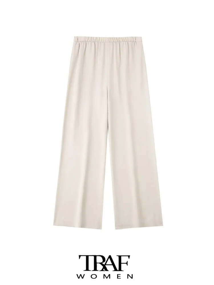 

Брюки женские широкие с боковыми карманами, высокой талией и эластичным поясом