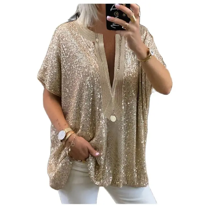 

Women Fashion Sequins Loose Pullover Club Party Tops 2021 Summer V-neck Short Sleeve Casual T-shirts Female Stylish Streetwear
