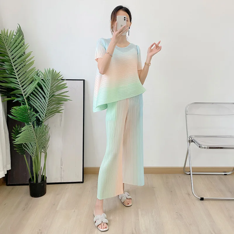YZZ Fashion Gradient Color Pleated Pants Suit Summer Elegant Women's 2 Piece Set Irregular Top Wide Leg Pants Female Outfit