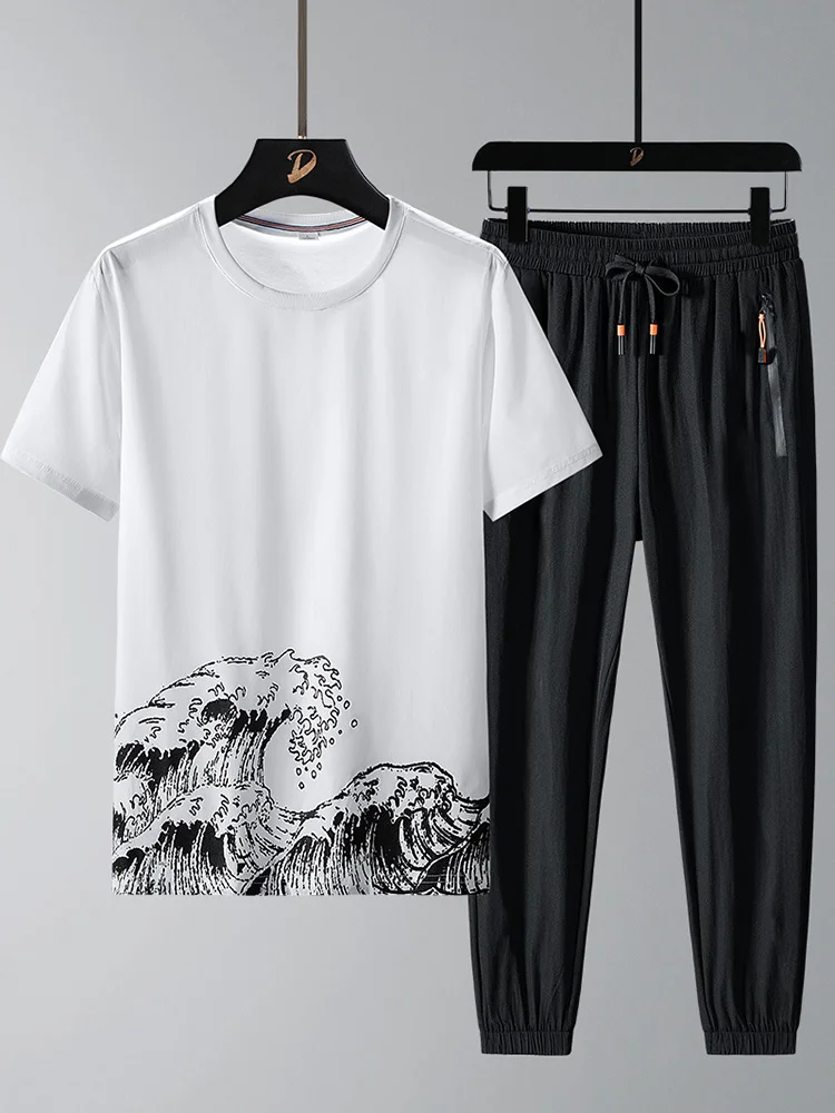 

2022 New Men's Summer Sets Fashion Wave Print T-shirts+Pants 2 Piece Tracksuit Man Plus Size Sportswear Casual Sweat Suits 8XL