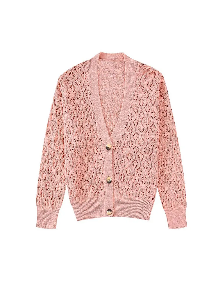 BBWM 2022 Spring Women Fashion Jacquard Mesh Knit Cardigan Versatile Long Sleeve Single-breasted V Neck Short Outerwear