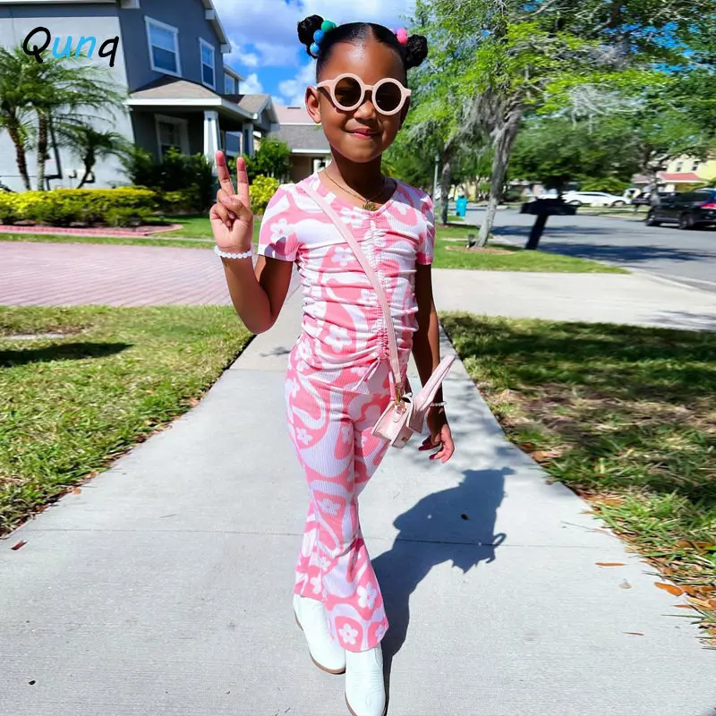 

2023 Qunq Summer New Girls Short Sleeve Flower Print Drawstring Top + Flared Trousers 2 Pieces Set Casual Kids Clothes Age 3T-8T