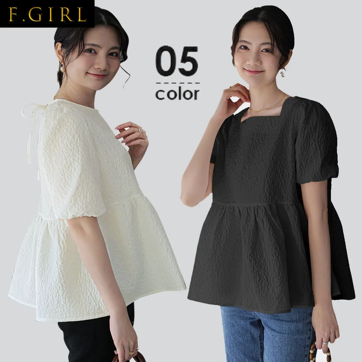 

F GIRLS Puff Sleeve Pleated Shirts Blouses Fashion Simple Blusas Mujer Summer 2023 Clothes Women Back Lace Up Shirt Tops