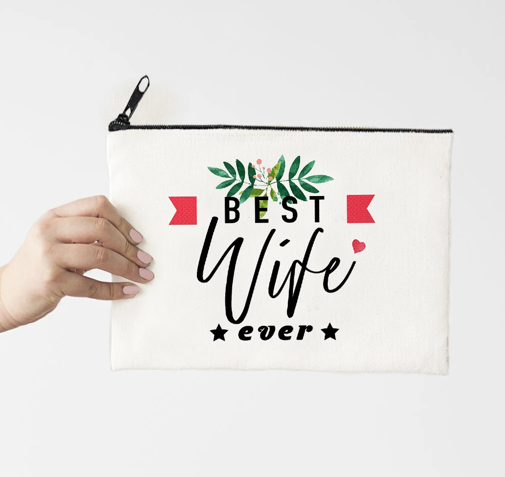 

Best Wife Ever Flower Bride Wedding Gift Canvas Cosmetic Bags Fashion Makeup Bag Organizer Purses Toiletry Pouch Letter