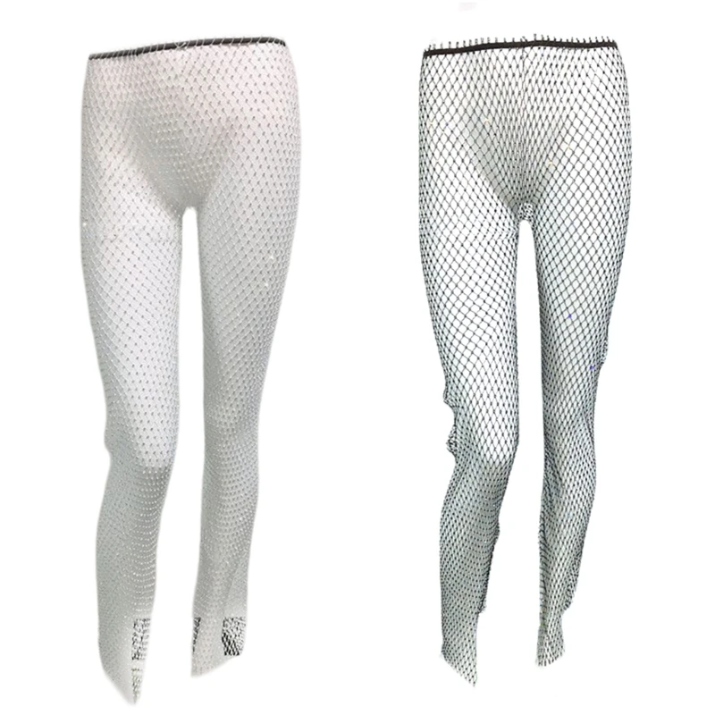 

Sparkly Rhinestones Mesh Fishnet Pants See Through Bottoms Slit Bikini Cover Up Trousers Leggings Clubwear for Women 10CE