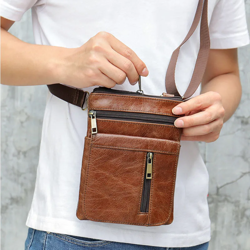 

Male Shoulder Mini Genuine Leather Soft Sling Travel Natural Bag Pouth Cover Man Phone For Cow Bag Zipper Flip Bag Small Leather
