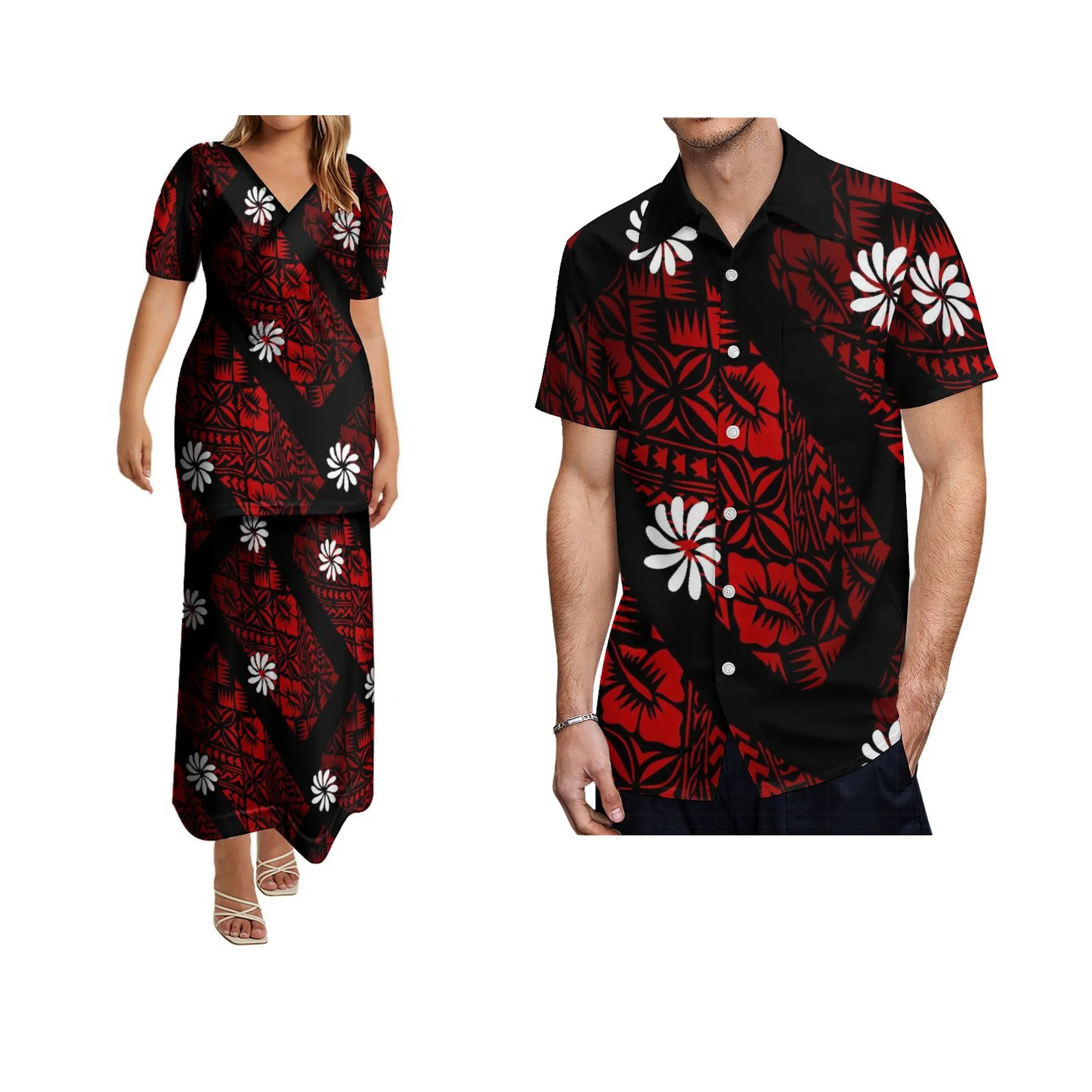 Stylowy letni garnitur dla par Polinezyjski nadruk Niestandardowy podwójny Puletasi Długa sukienka i koszula męska w stylu etnicznym