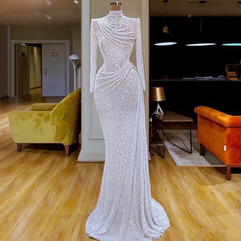 

Sparkly Sequined Mermaid Evening Dresses High Neck Ruched Muslim Dubai Vestidos De Fiesta White Long Sleeve Prom Party Gowns