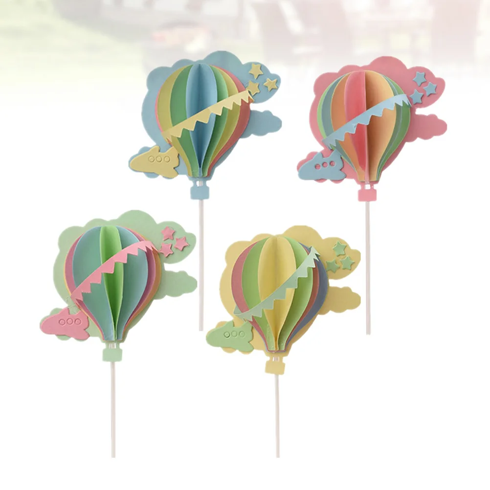 

4 Pcs Birthday Cake Pick Cupcake Decorating 3D Glitter Balloons Romantic Hot Air Balloon
