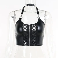 women summer front hollow out zipper backless crop tops leather gothic buckle halter fashion moto punk clubwear outfit tank vest