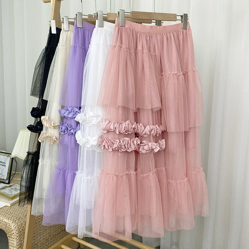

2022 Spring New High Waist Mesh Three-Dimensional Flower Mid-Length Large Swing A-Line Skirt Skirt Women