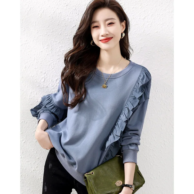 Элегантная однотонная блузка с оборками и круглым вырезом женская одежда