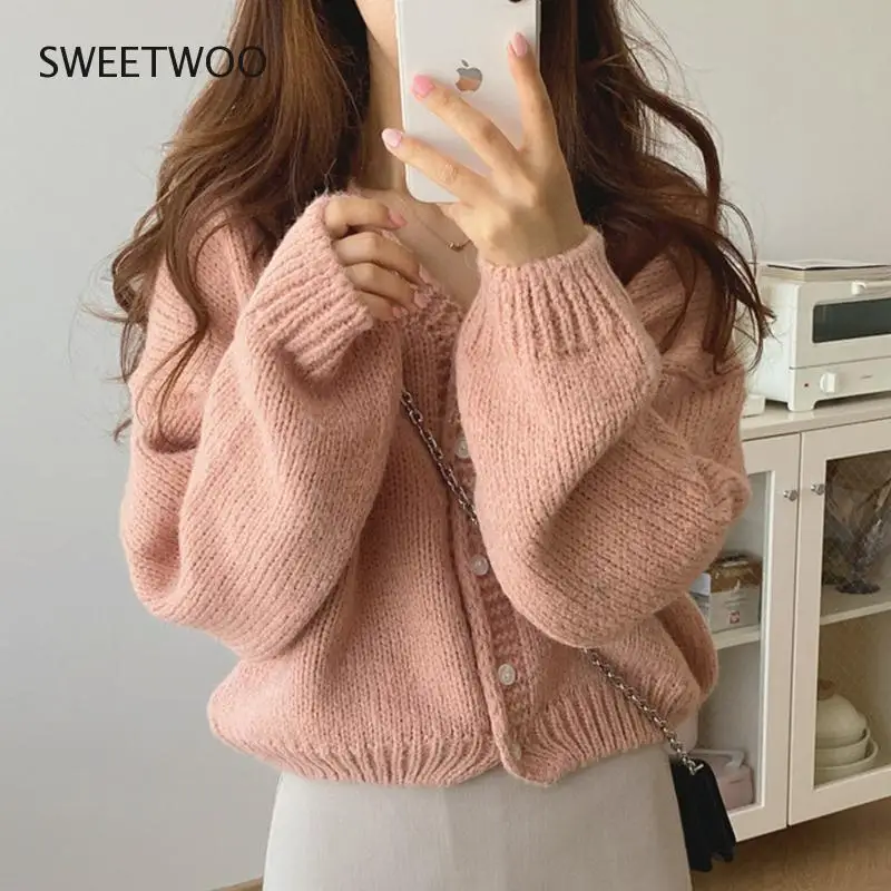 

Japanese Sweet V-Neck Cardigan 2021 Autumn Female Simple Loose Casual Candy Color Single-Breasted Knitted Sweater Tide Chic Ins