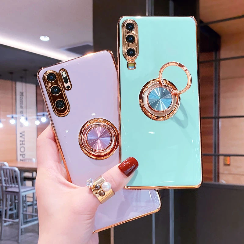 luxury plating silicone case for huawei p30 pro p20 mate 20 p40 honor 20 30 pro nova 5t phone soft magnet cover with ring holder free global shipping
