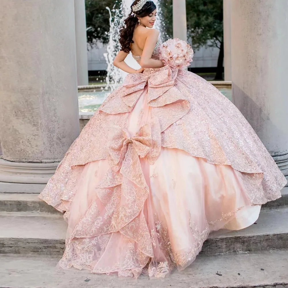 Blush Pink Quinceanera Dresses Ball Gown For Sweet 16 Dress Bow Sequined Graduation Party Princess Gowns Vestido De 15 anos