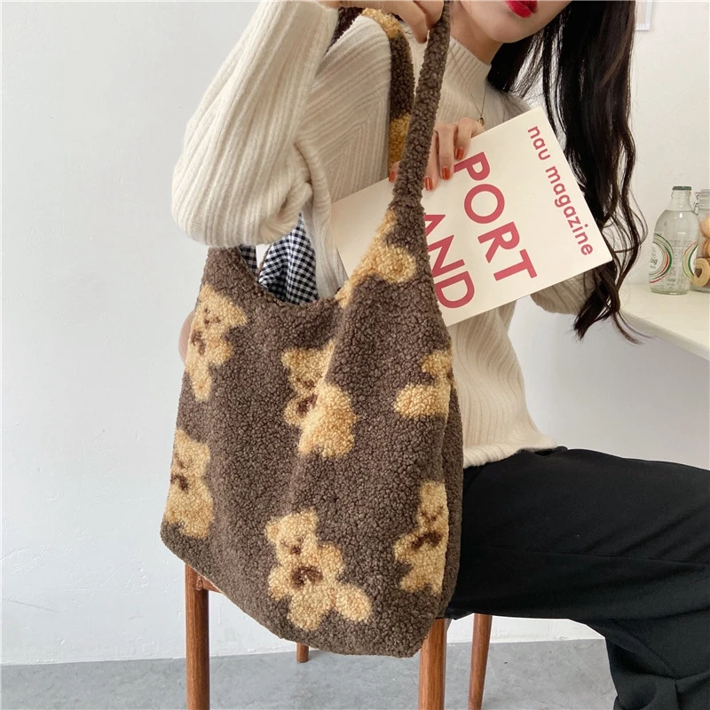 Fluffy Shopper Shoulder Bags For Girls School Books Tote Cute large capacity shopping Bag cartoon bear Handbag For Ladies