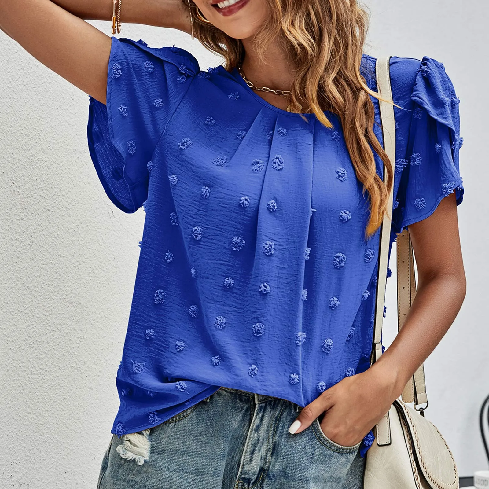 

Женская летняя футболка с круглым вырезом, повседневный жаккардовый Топ с рукавами, женские футболки