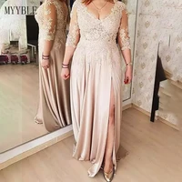 Plus Size Mother Of The Bride Dresses Champagne Long Sleeves Side Split Wedding Party Dress 2022 Vestidos De Novia Custom Made