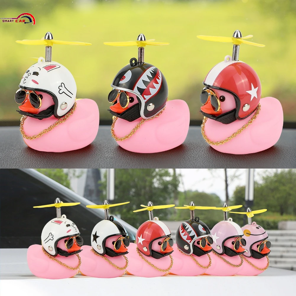 

New Pink Car Duck with Helmet Broken Wind Small Yellow Duck Road Bike Motor Helmet For Car Ornament Rearview Mirror
