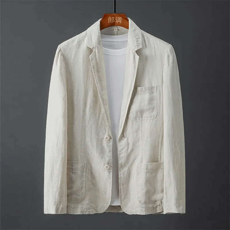 

Пиджак мужской тонкий из хлопка и льна, Повседневный дышащий белый блейзер, однотонная приталенная куртка, пальто в деловом стиле, весна-лето