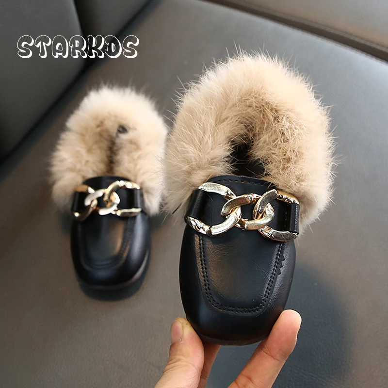 Girls Brand Design Furry Loafers Kids Warm Plush Shoes Child Luxury Real Rabbit Fur Mules with Metal Chain and Elastic Band enlarge