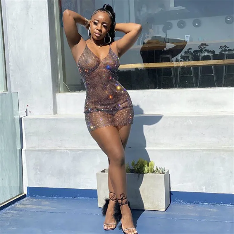 

Summer Women Bodycon See Through Mini Dress Glitter Rhinestone Fishnet Grid Spaghetti Strap Low Cut Sleeveless Backless Dresses