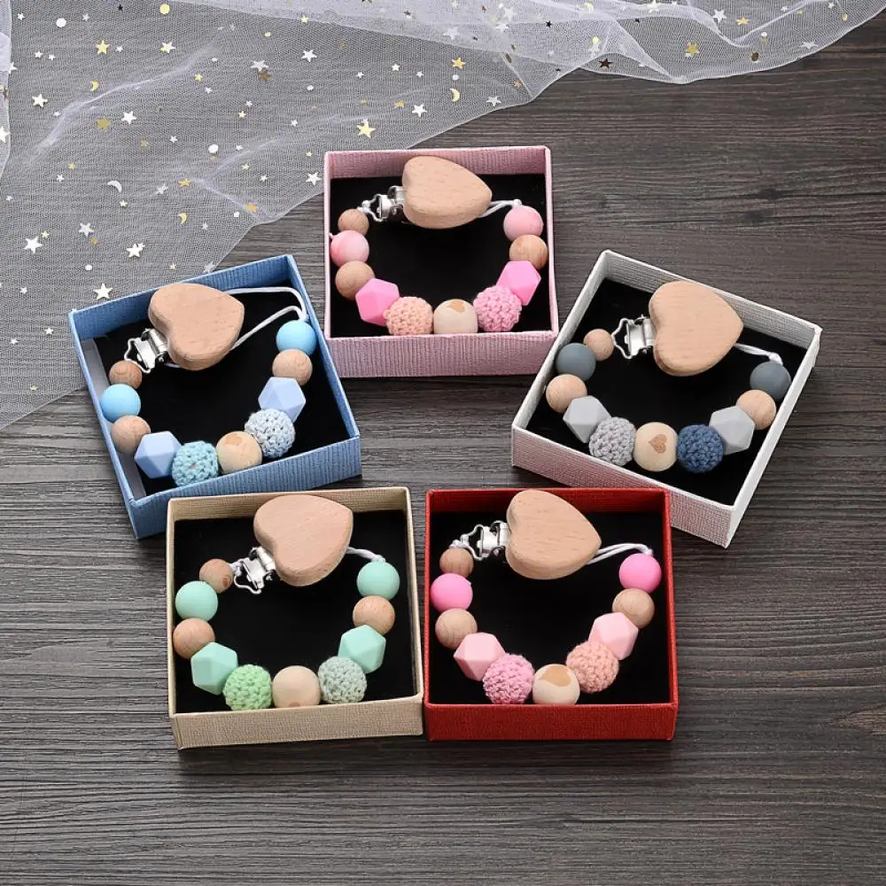 Ed Wooden Heart Shape Baby Pacifier Clip Silicone Crochet Geometric Beads For Baby Soother Dummy Holder Chain Shower Gift