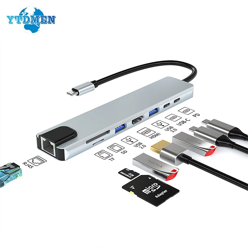 

USB 3.0 Type-C адаптер 8 в 1 док-станция RJ45 HDMI-4K TF/SD карта PD 3,0 Вт сплиттер для Macbook Air Pro iPad аксессуары