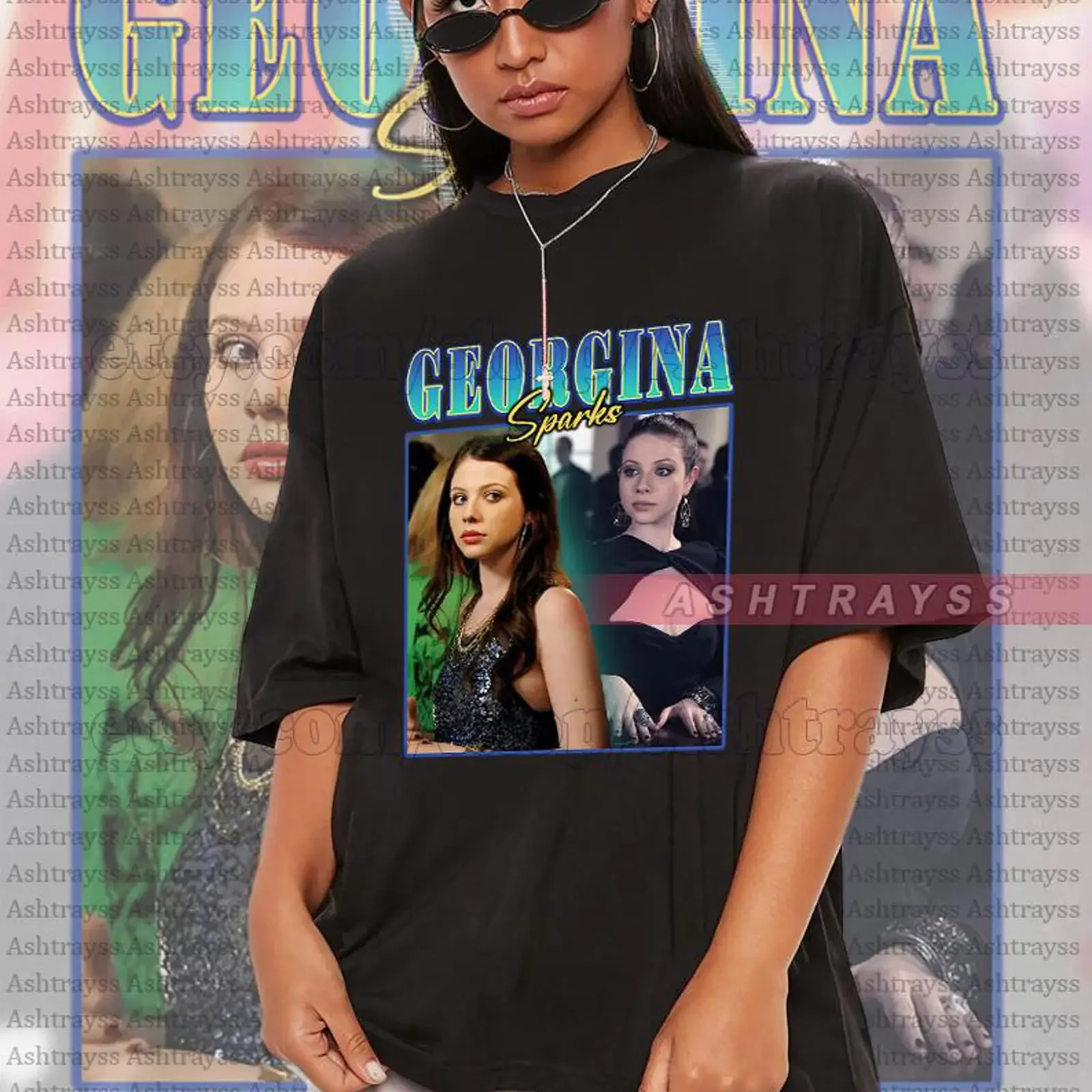 Фото Футболка Georgina Sparks в стиле Мичелл Трактенберг, винтажная, ретро, с эффектом потертости, с графическим принтом, повседневная, уличная, стильная, мягкая. №1