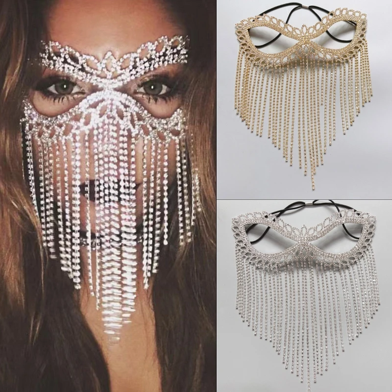 

J78E Sparkly Crystal Tassel Mask Rhinestones Mask Chain for Belly Dance Masquerade Sparkly Face Mask Luxury Hair Jewelry