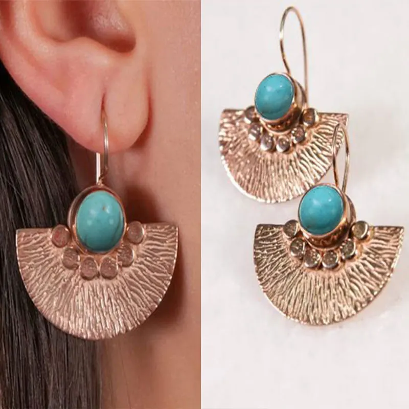 

Vintage Boho Blue Stone Geometric Earrings Fan Shape Gold Color Drop Earrings for Women 2022 Gifts For Her Jewelry New