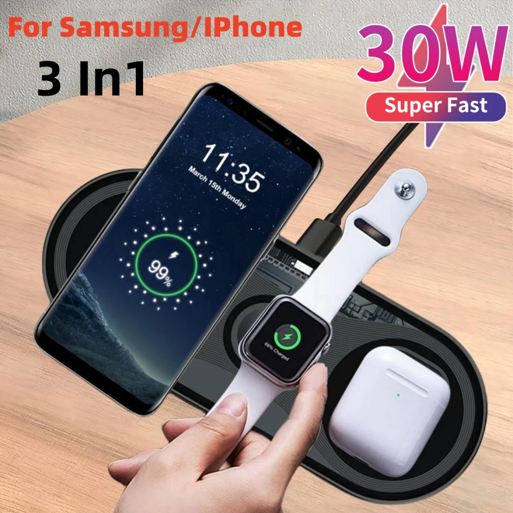 

30W 3 in1 Wireless Samsung IPhone Charger Station Fast Charging Stand for IPhone 14 13 12 11 Apple Watch Airpods Pro IWatch