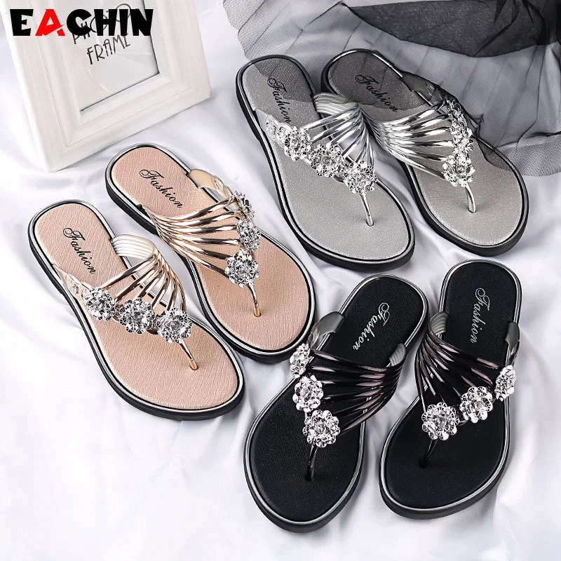 

EACHIN Summer Slippers Women Flats Fashion Shiny Sequined Outdoor Slipper Female Beach Slippers Woman Sandals New Casual Slipper