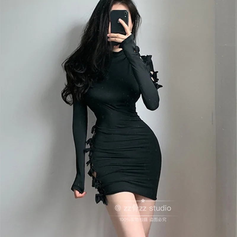 

Sexy Bandage bow Hollow Out Skinny slim Mini work Dress elegant Korean Sexy clothes Women Female robe hiver winter frocks 6N0B