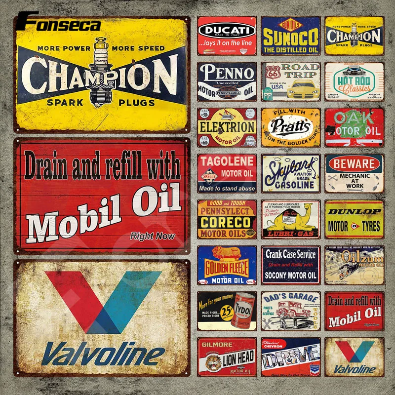 

Motor Oil Metal Plate Champion Spark Plugs Vintage Plaque Decorative Tin Sign Plate Iron Painting for Garage Man Cave Decoration