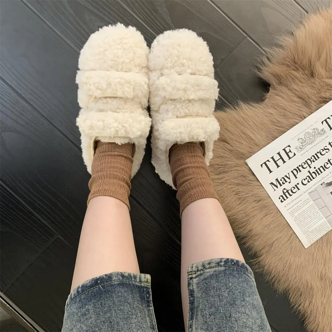 

Warm woolly shoes women wear autumn and winter new lamb wool thick soled plush single shoes rabbit hair flat non-slip casual sho