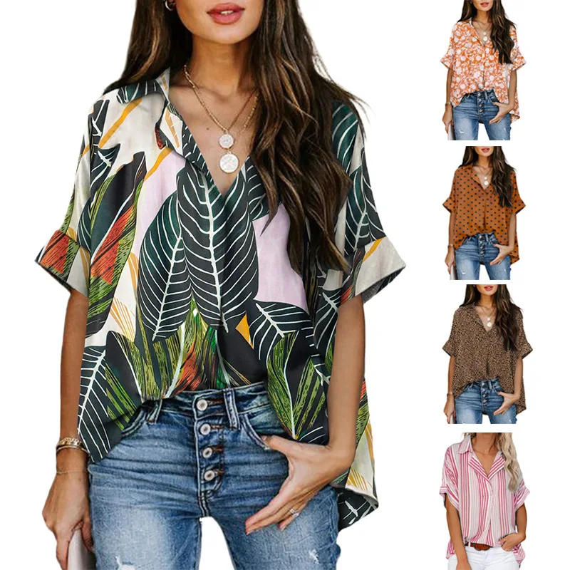 

Blouse Women Half Open V-neck Short-sleeved Shirts Fashion Patchwork Striped Chiffon Casual Button Blouses 2022 Women Clothing