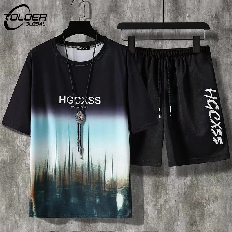 

Men 1 Set Summer Short-sleeved Sports Suit Printed Breathable Sweatsuit Tracksuit Gradient Color Men's Outdoor Fashion Sets 5XL