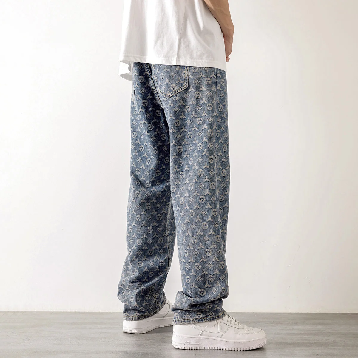 Blue American Retro Jacquard Jeans Men Autumn Summer Thin Streer Loose Pants Straight Drop Vintage Denim Distressed Trousers