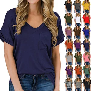 Shirts Women V-neck Pocket T-shirt Rolled Sleeve Short-sleeved Loose Top Multicolor High Quality Hot Sale Women Clothes 2022