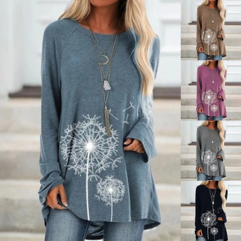 

Autumn Tops Women's Round Neck Dandelion Print Tops Casual Pullovers T-shirt Loose Tops Long-sleeved Shirt Tops Fashio