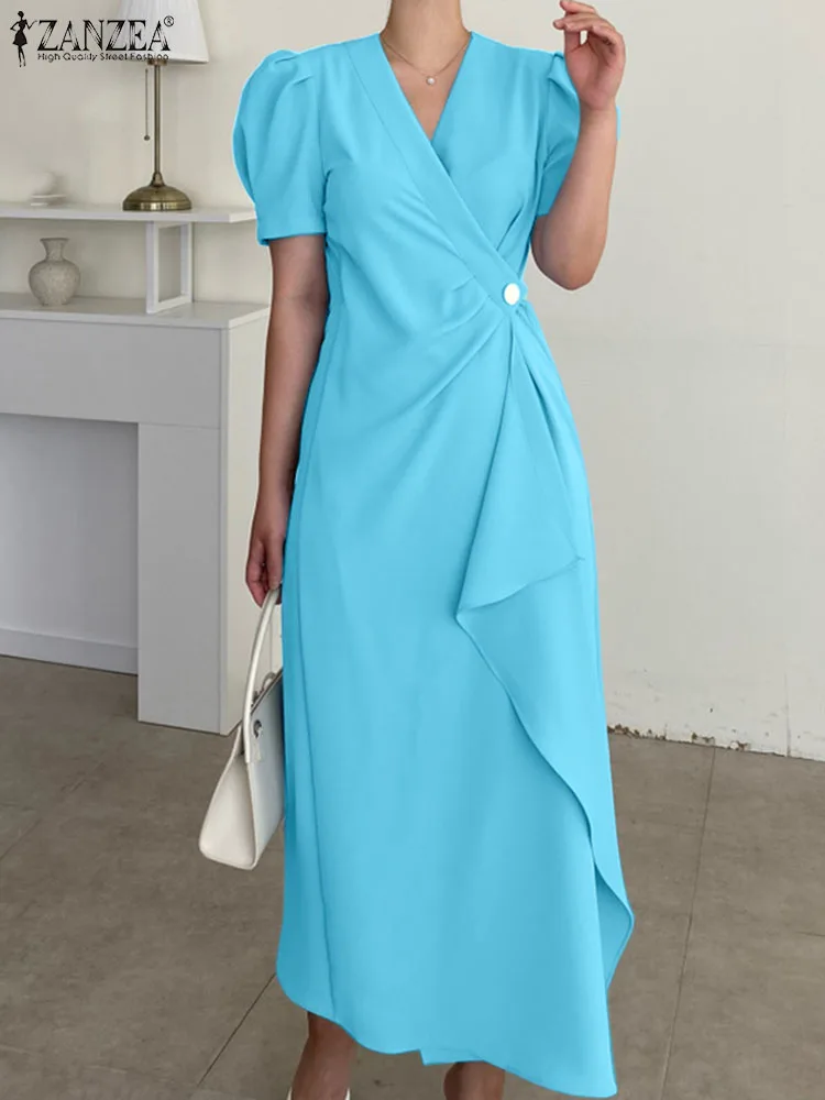 

ZANZEA Solid Color Women Wrap Dresses Draped OL Fashion V-neck Party Dress Short Puff Sleeve Irregular Summer Elegant Vestidos